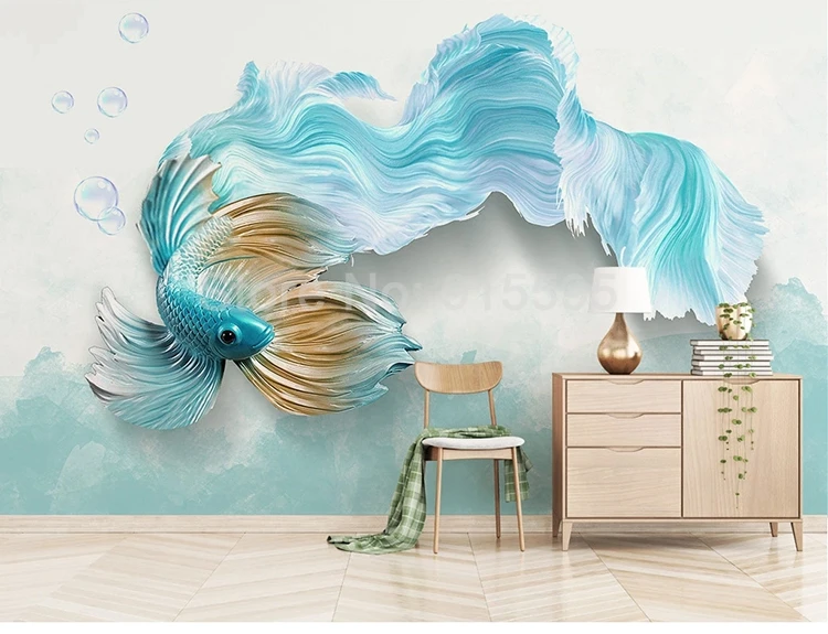 Пользовательские самоклеющиеся настенные обои современные 3D абстрактные синие рыбы гостиная диван ТВ фон водонепроницаемые наклейки на