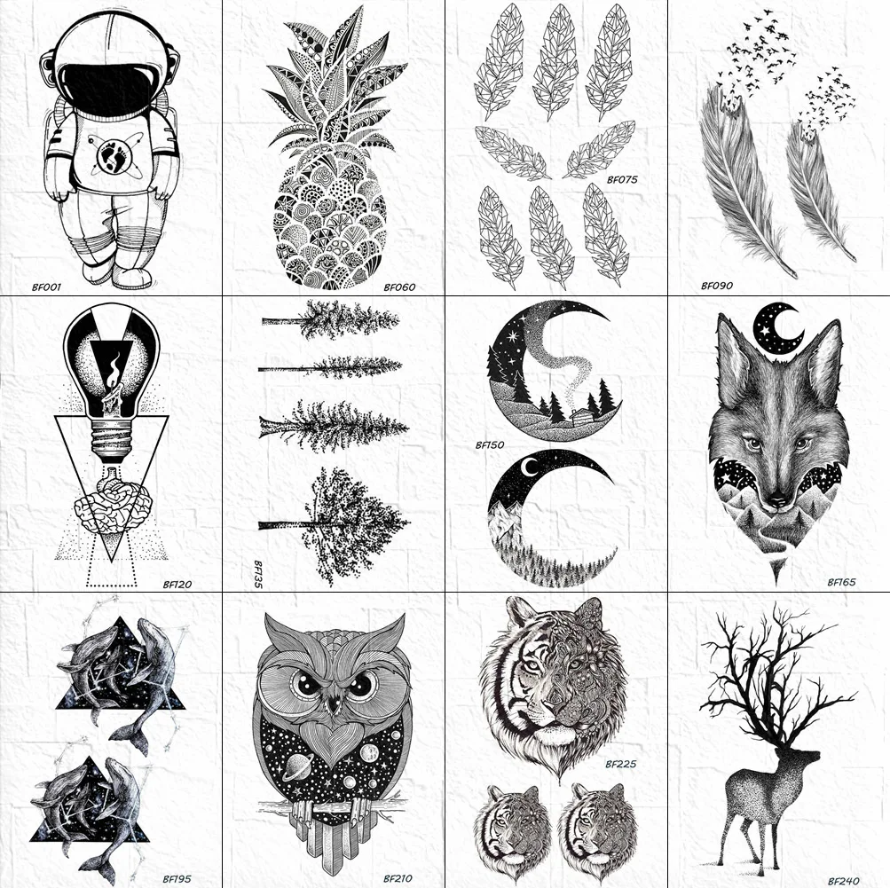

3D Black Sketch Tattoos Stickers Women Little Moon Tree Tattoos Temporary Men Fashion Tiger Arm Ankle Tatoos Waterproof Paste
