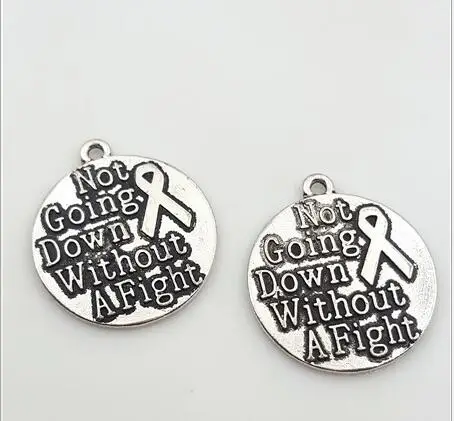 

High Quality 20 Pieces/Lot Diameter 25mm Letter Embossed Not Going Down Without A Fight Breast Cancer Awareness Charm Pendant