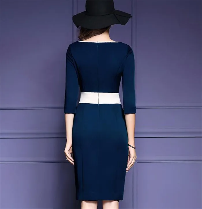 Демисезонный торжественное платье Для женщин Элегантный для Повседневная обувь Офисные женские туфли Винтаж вечерние миди синее женское платье-карандаш плюс Размеры