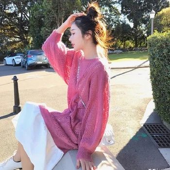 

Spring Women Sets Clothes Pullover Solid Knitted Tops Mid-calf Dresses Casual Plus 2 Piece Set Women Fashion And Temperament