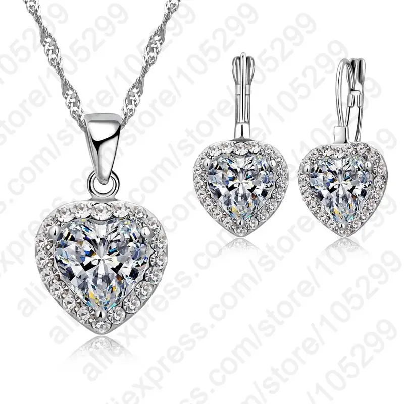 

New Arrival Trendy Love Heart Pendant 925 Sterling Silver Fine Jewelry Cubic Zircon Necklace Earring For Women Wedding Set
