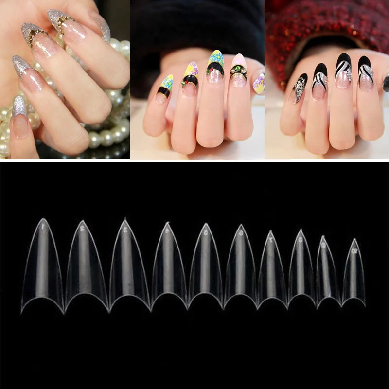 Fashion-Women-500PCS-Set-DIY-False-Nail-Tips-Clear-False-Point-Stiletto-French-Acrylic-UV-Gel