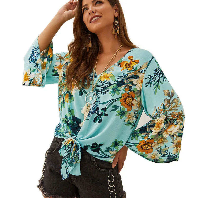 QPFJQD Green Tie Women Cotton Blouses And Shirts Spring Autumn V-Neck Floral Printed Tunic Bandage Loose Tops Blouse Camisa