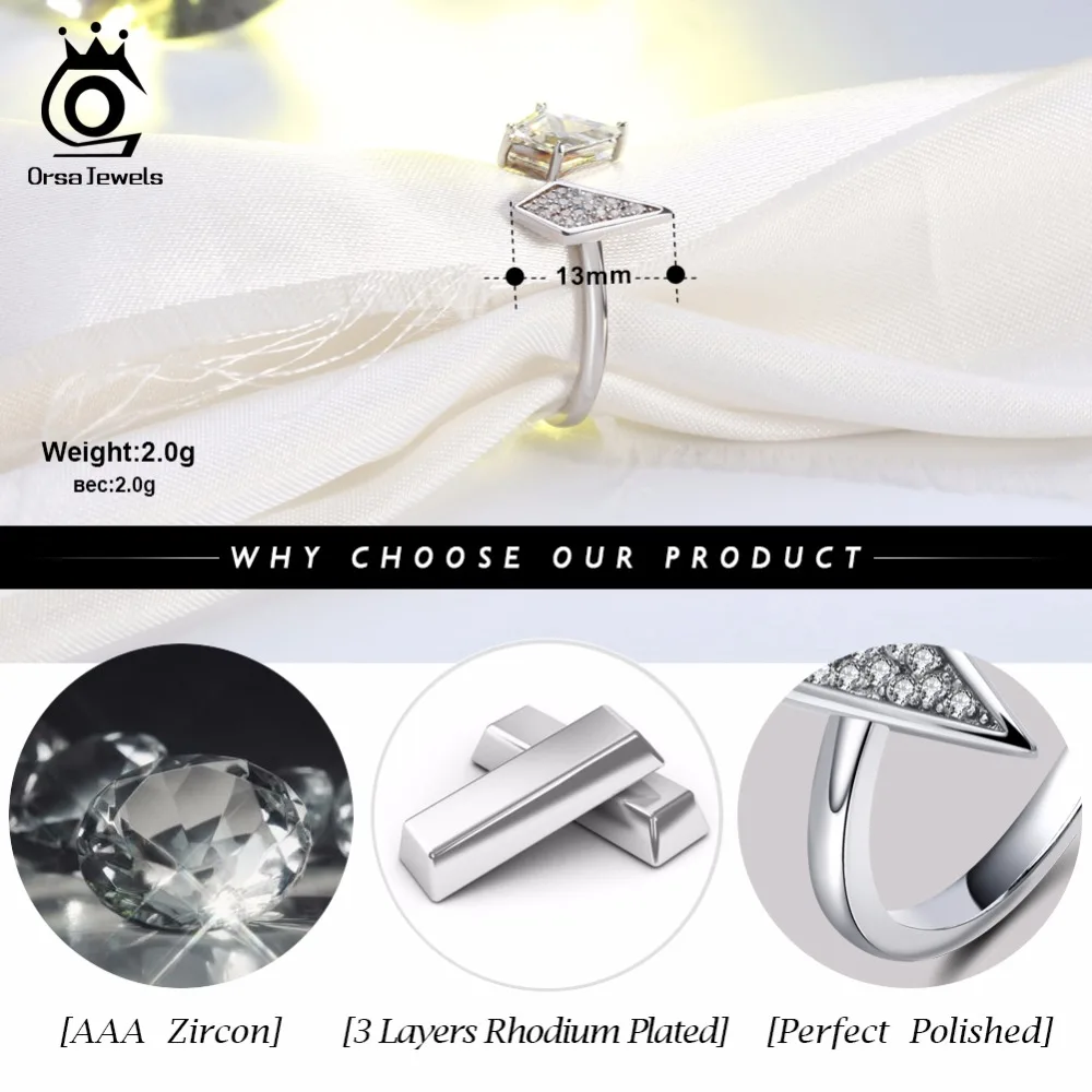 ORSA JEWELS Trendy Rings For Women Geometric Prong Setting AAA Cubic Zircon Silver Color Female Party Rings Jewelry AOR72