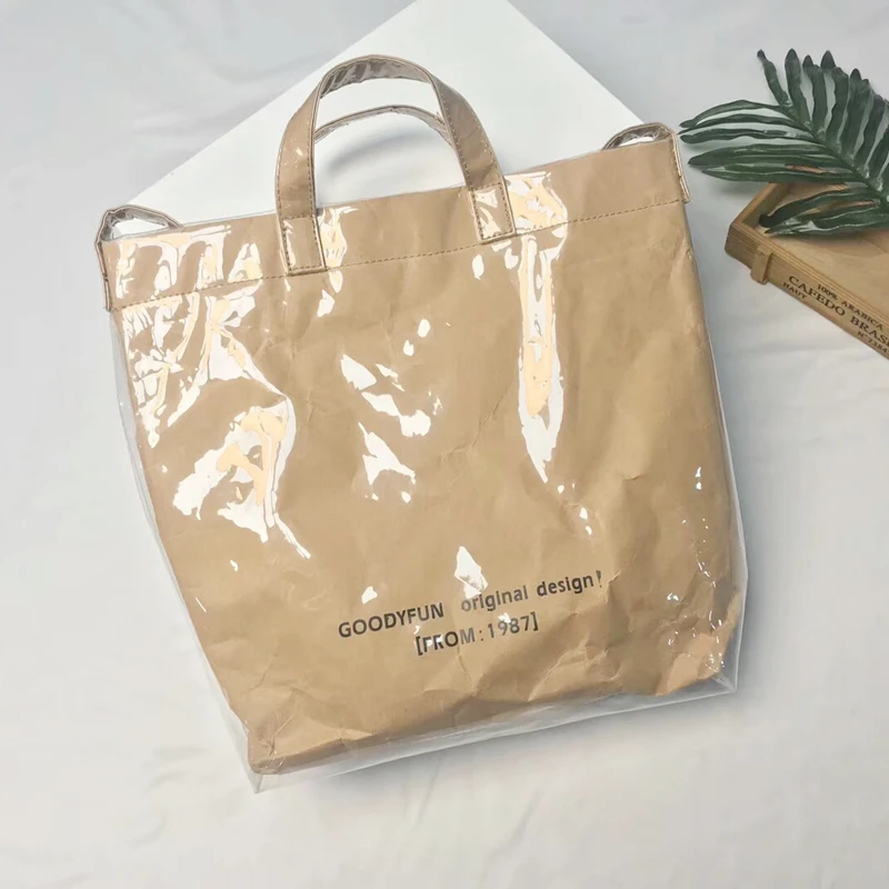 

Vintage Kraft Paper Shopping Bag PVC Clear Double transparent Bag Waterproof Causal Tote Shoulder Bag Messenger handbag