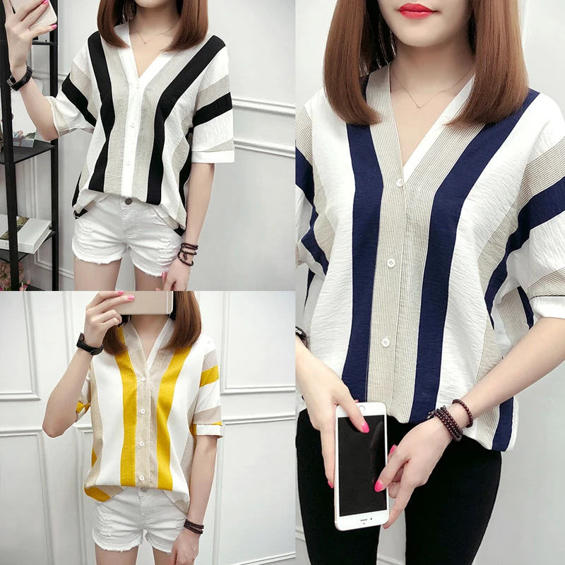 3 Colour Elegant Women Chiffon Blouse Summer  Striped V-Neck Blouse Shirt Loose Casual Tops blouses Plus Size M-4XL