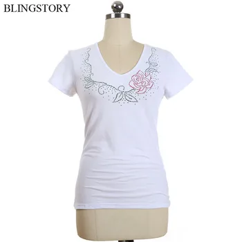 

BLINGSTORY V-neck Crystal Diamond Flower Women T-shirt Plus Size Summer Top Tee S-6XL