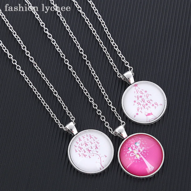 

fashion lychee Pink Ribbon Cancer Care Tree Birds Cabochon Necklace Metal Chain Long Pendant Unisex Jewelry Accessories