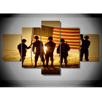 

5 Pieces Silhouette Of Soldiers With American Flag Photos Home Wall Decor Canvas Picture Art HD Print Painting On Canvas Artwork