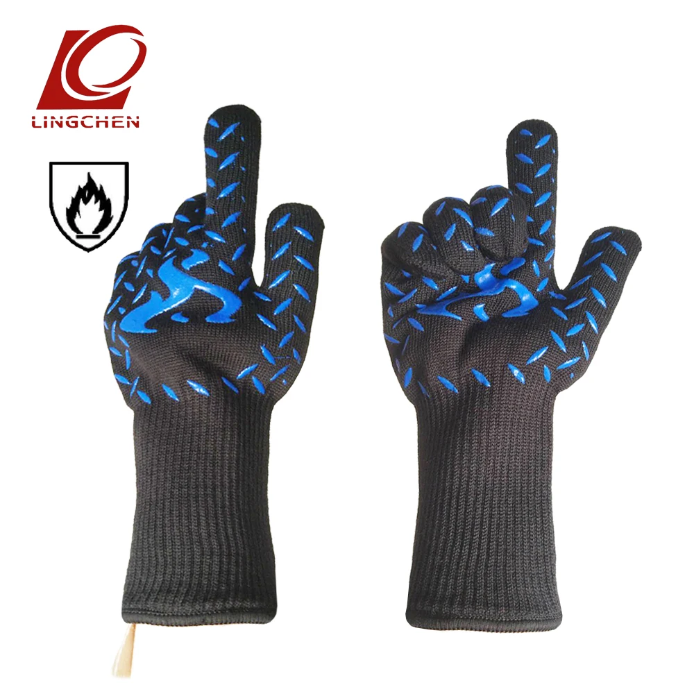 A grade aramid Heat Resistant Gloves Blue silicone Flame retardant and heat insulation Oven mitts for Outdoor Camping Kitchen leshp 1pcs microwave oven gloves high temperature resistance non slip oven mitts heat insulation kitchen cooking grilling gloves