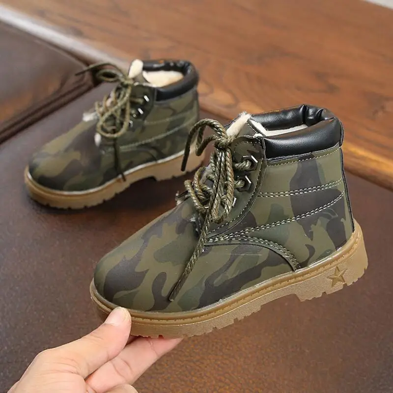 Children Camouflage Snow Boots Winter New Kids Cotton Shoes Boys Martin Boots Girls Lace Up