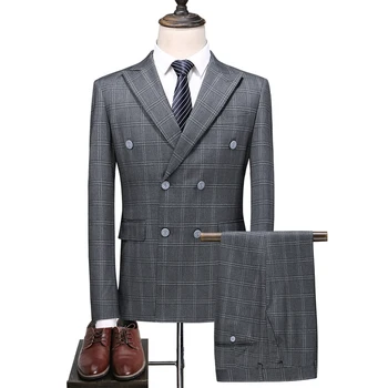 Картинка Мужской двубортный клетчатый костюм высокого класса в британском стиле (пальто + жилет + брюки), деловой Банкетный роскошный костюм