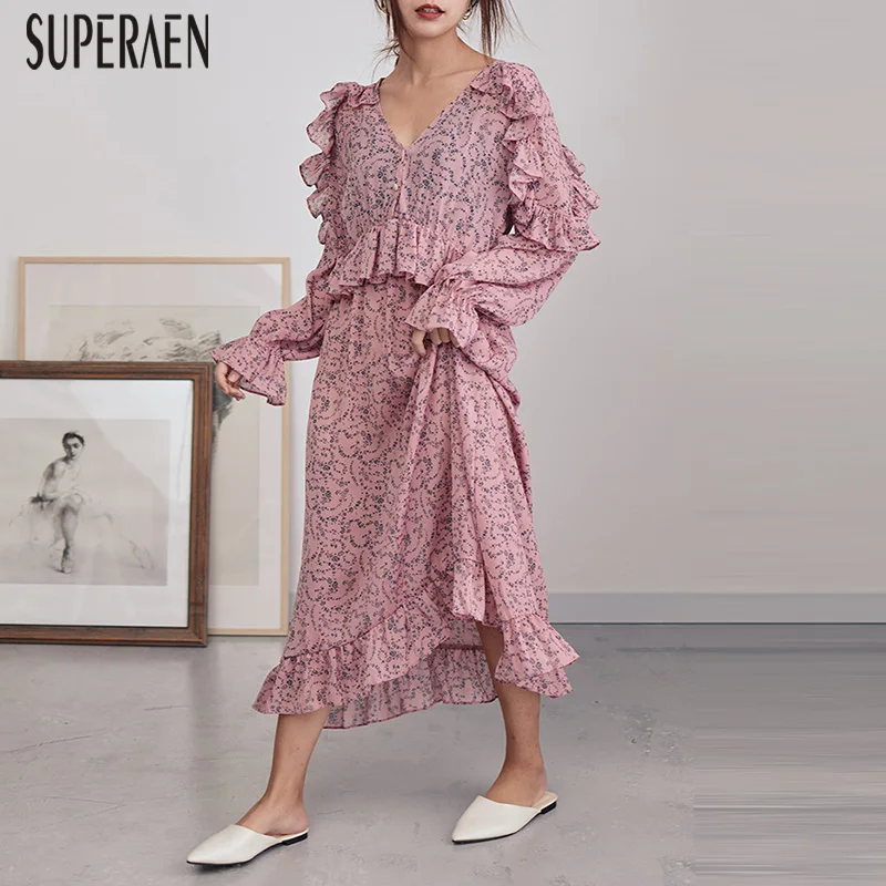 SuperAen 2019 Весна и лето новое корейское Стильное женское платье модное Повседневное платье женское с длинным рукавом v-образный вырез женская