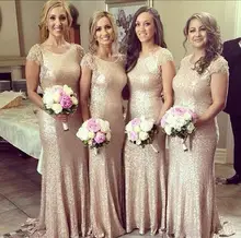 Gold Sequins Long Bridesmaid Dresses 2016 With Short Sleeve A Line Wedding Party Dresses Cheap Prom Gowns Vestido De Festa C42