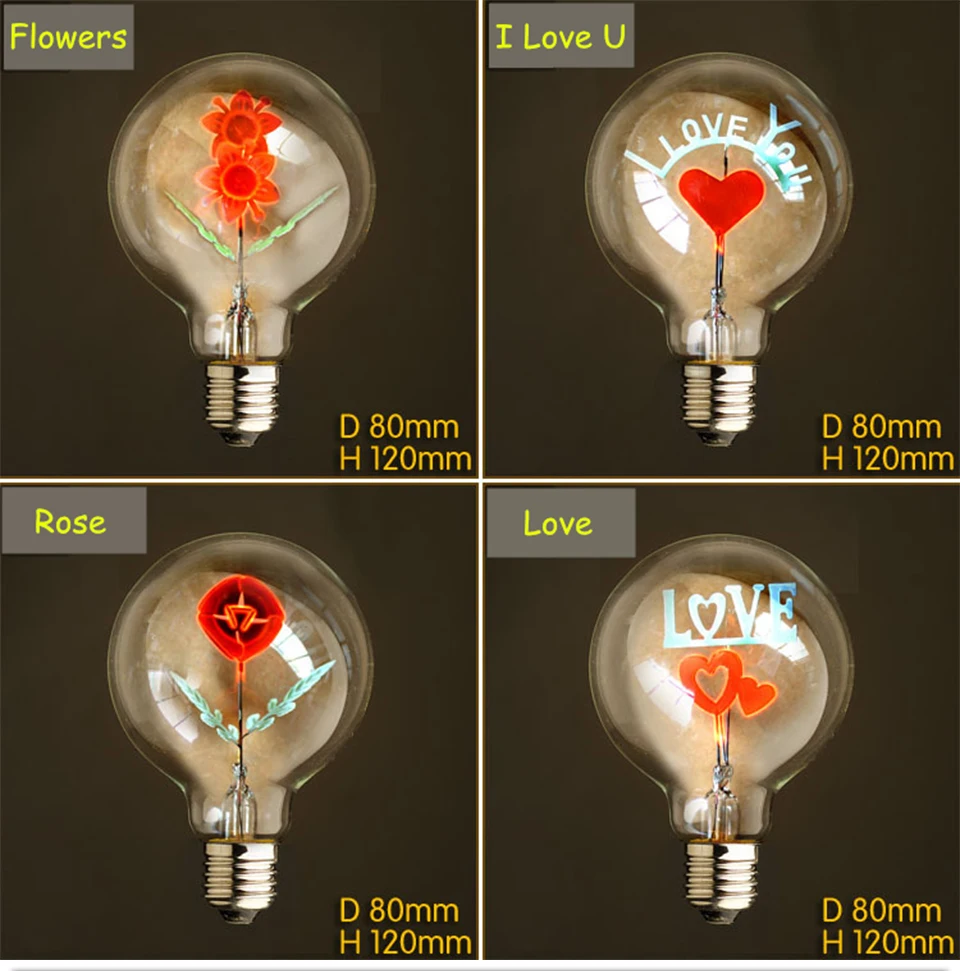 G80 лампа Эдисона E27 220V винтажная лампа Рождественское украшение цветок Любовь Роза я люблю тебя ампула Ретро лампа накаливания светильник