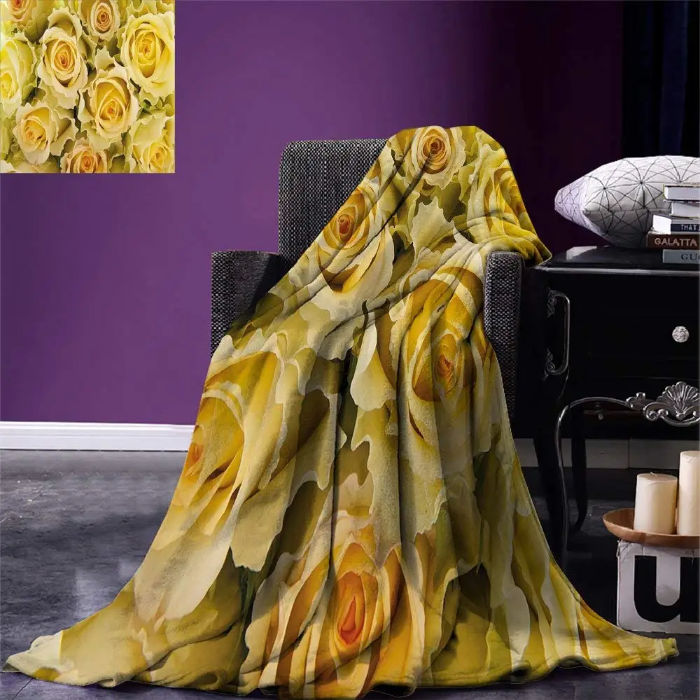 Rose Throw Blanket Bridal Flourish Yellow Roses with Wavy Petals