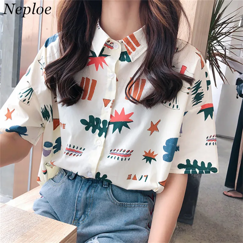 

Neploe Summer Newly Print Cartoon Loose Women Blouse Fashion Turn-down Shirts Korean Casual Short Sleeve Female Blusas 67582