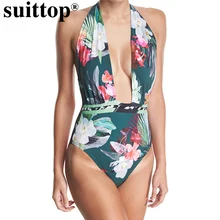 

suittop 2018 Sexy Deep Plunge One Piece Swimsuit Women Swimwear Vintage Bodysuit Floral Print Monokini Halter Swim Bathing Suits