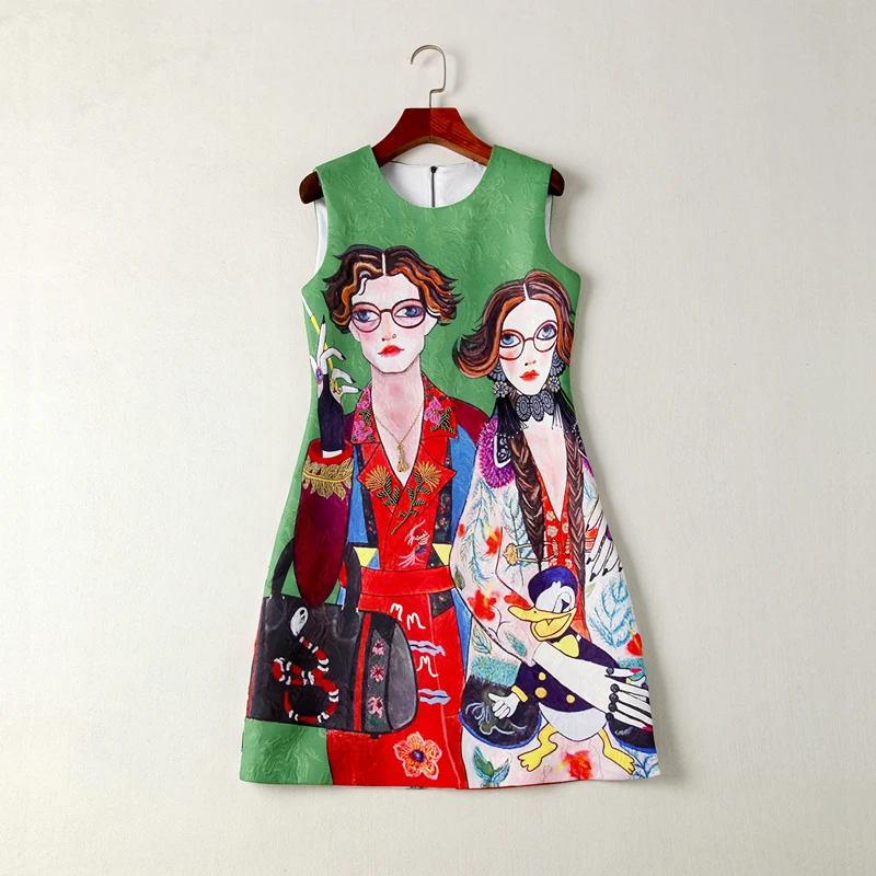 

Women Summer Dresses 2018 High Quality Runway O- Neck Sleeveless Jacquard Cartoon Printed Beading Lady Mini Dress DX0707N