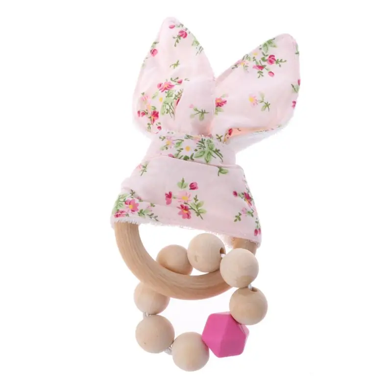 Christmas Baby Boy Bunny Ear Teether Safe Organic Wood Teething Ring Shower Gift