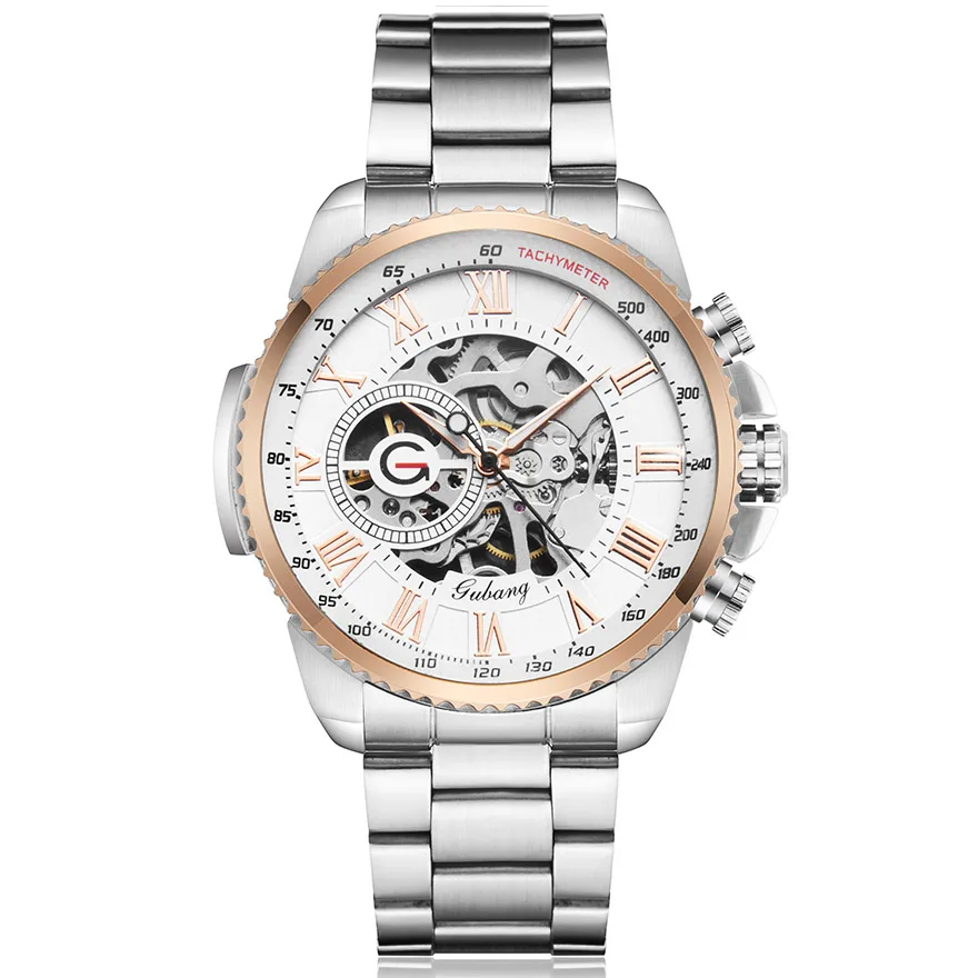 Tanie Luksusowa tarcza srebrny automatyczny mechaniczny męski zegarek skeleton stalowa bransoletka zegarek z własnym wiatrem męski niebieski Sliver czarny zegarek Reloj