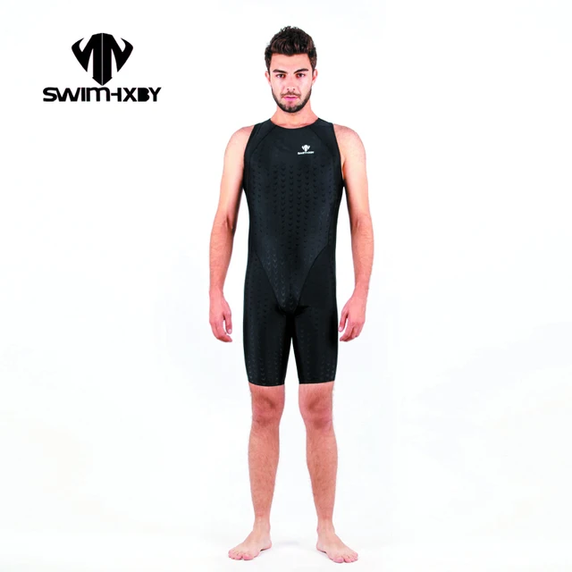 HXBY Black Mens One Piece Swimwear Men Swimsuit Solid Racing Bathing