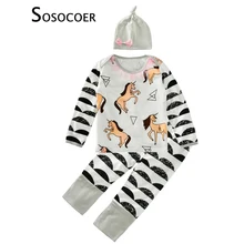 SOSOCOER Демисезонные комплекты одежды для маленьких девочек с изображением героев из мультфильмов, с лошадкой, футболка+ штаны+ шляпа с бантом, одежда для малышей, состоящие из 3 предметов комплекты модной одежды для девочек комплект одежды для мальчиков