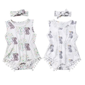 

Newborn Infant Baby Girl Elephant Tassels Summer Romper Clothes Jumpsuit Headband Outfit Baby Clothing 0-24M