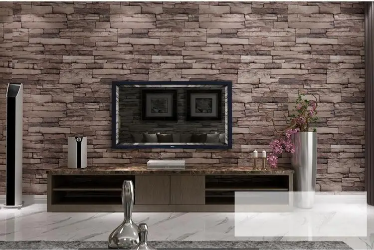 2 pcs 3D Wood Blocks Effect Brown Stone Brick 10M Vinyl Wallpaper Roll Living Room Background Wall Decor Art Paper | Дом и сад