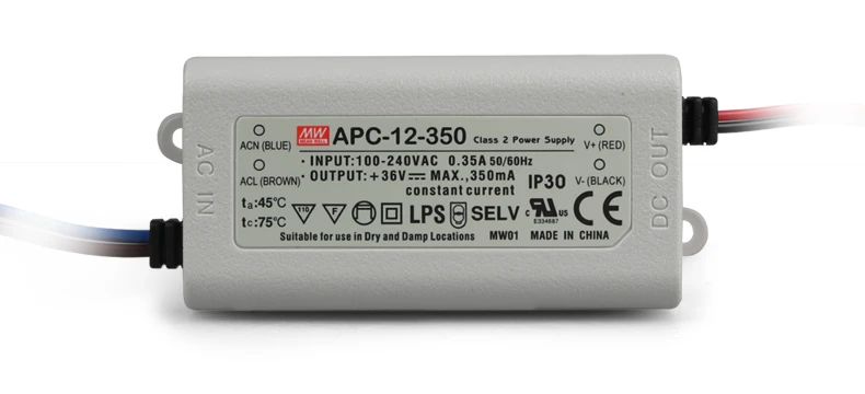 Mean Well APC-12-350, 12W 9~ 36V 350mA светодиодный водонепроницаемый драйвер, одиночный выход импульсный источник питания