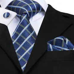 SN-1673 Hi-Tie дизайнерские классические синие галстуки в клетку для мужчин высококачественный Шелковый галстук-платок запонки 8,5 см галстук для