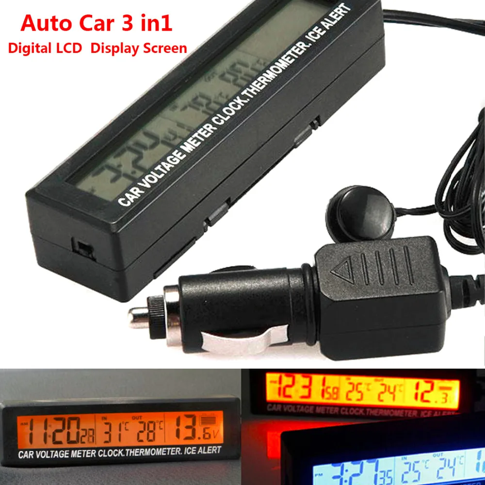 Car Voltage Meter 12/24V Auto 3 in1 Digital LCD Clock In/Out Temperature Display Thermometer Car-styling Battery Voltage Monitor