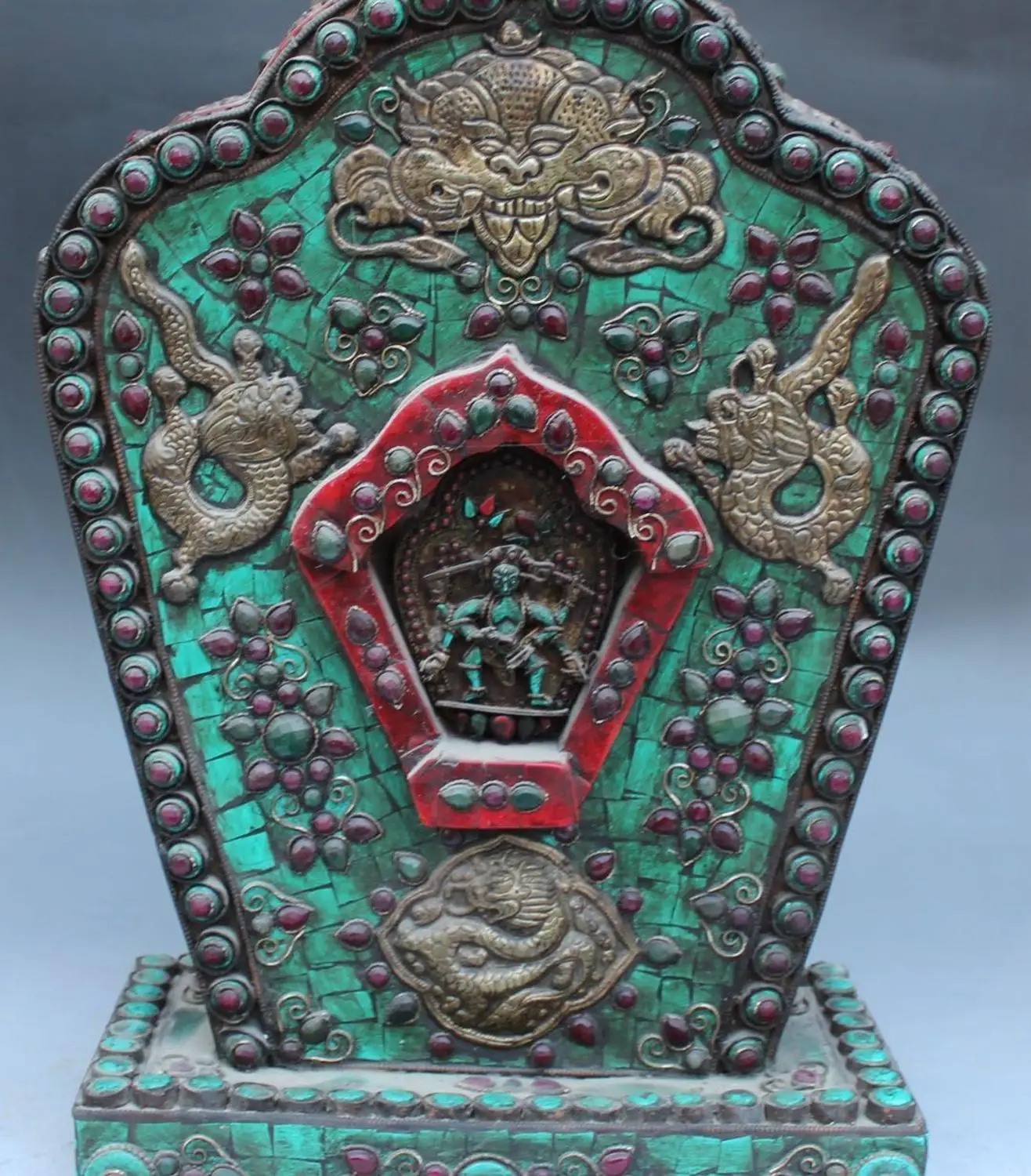 

16" Tibet inlay Turquoise Coral Mahakala Buddha 8 Symbol Dragon Shrine Thangka