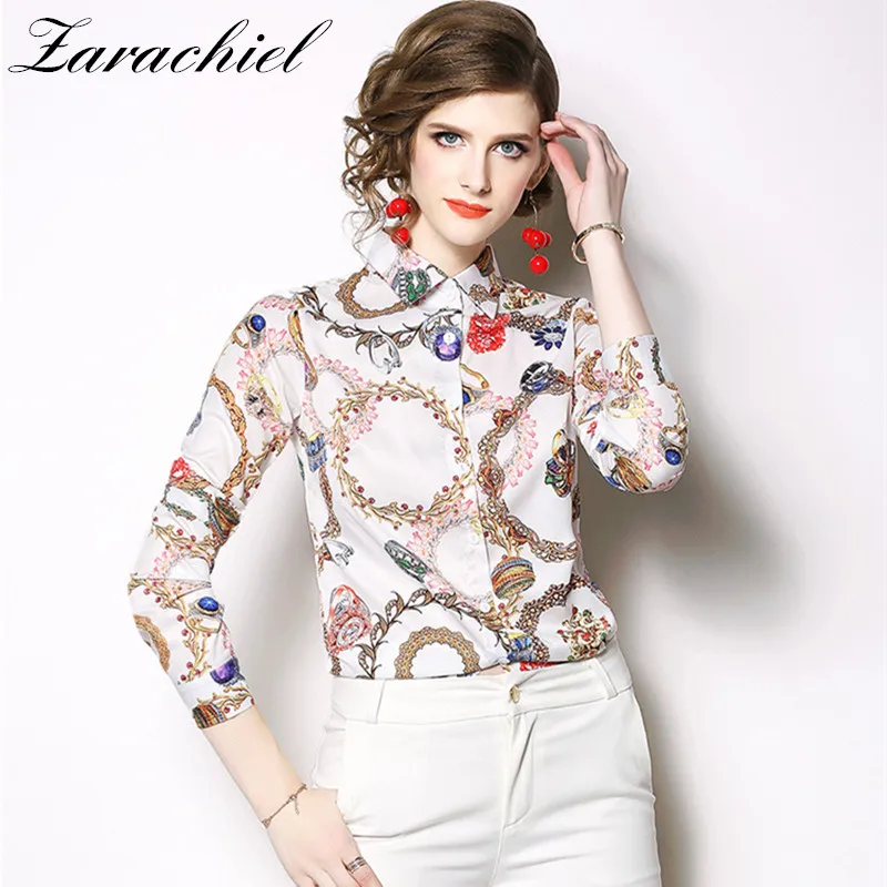 

2019 Summer Flower Pattern Print Shirt Turn-down Collar Tops Blouses Long Sleeve Work Casual Chiffon Blouse Women Office Shirts