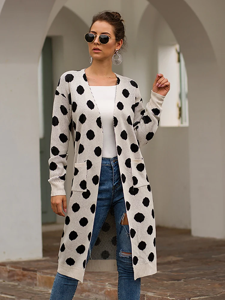 Autumn Winter Polka Dot Pockets Knitted Cardigans Women's Sweater 2019 Long Sleeve V-Neck Open Stitch Sweaters Streetwear Femme |