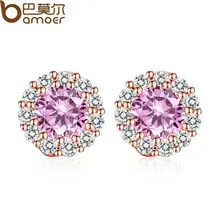 BAMOER 2016 New Gold Plated Pink Crystals Surround Girl Stud Earrings with AAA Zircon Earrings Jewelry Party Gift JIE054-PK