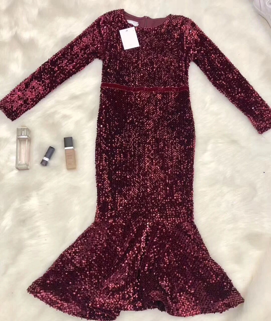 Manches Genou Rouge Noir Élégant Moulante Noir Paillettes Sexy longueur Haute rouge Robes Femmes Robe Rose Rond Longues Qualité Col x4HAH7wnvq
