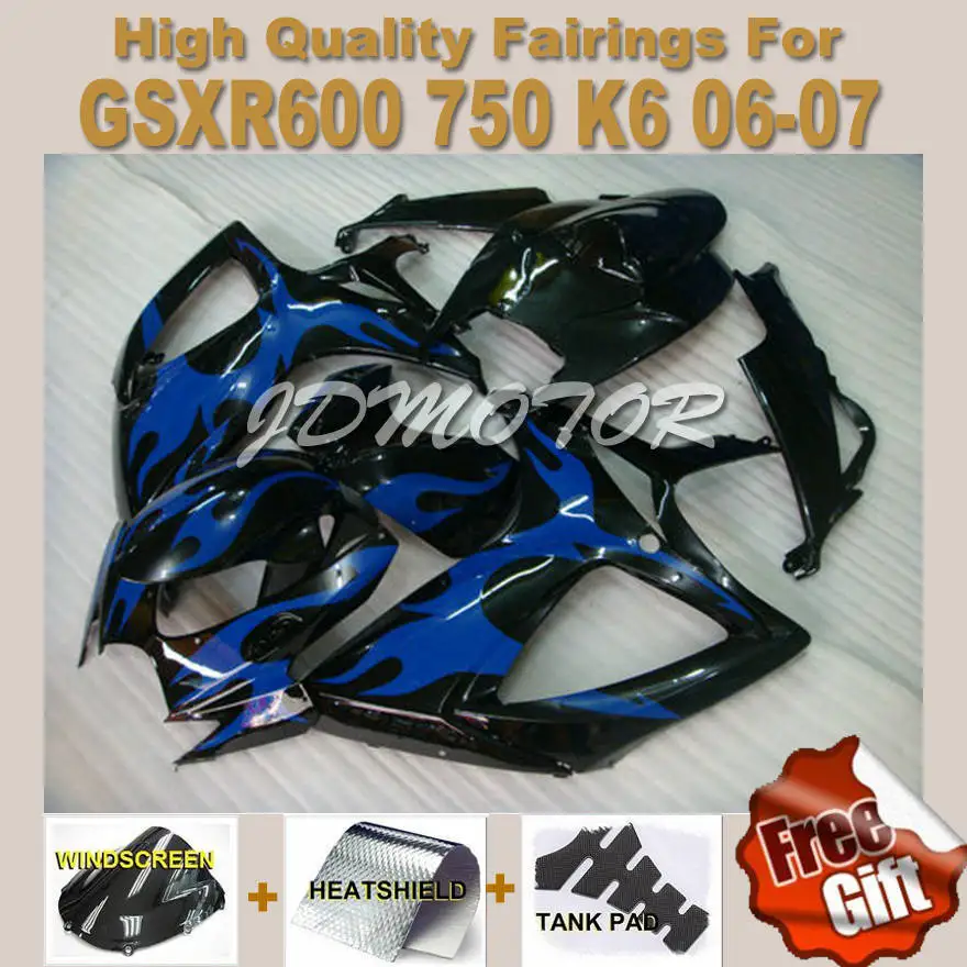 3gifts Fairing kit for SUZUKI GSXR 600 2006 2007 blue flame black GSXR