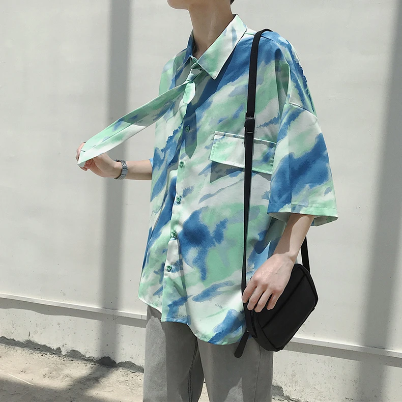 2019 Летняя мужская Корейская версия свободного градиентного цвета плюс галстук Tide хлопковая Повседневная рубашка с короткими рукавами