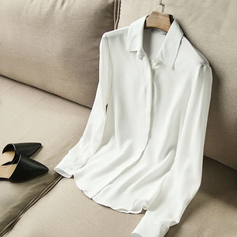 blanco navy sky Oficina Real De Crepe Femininas Manga Negro Mujeres rosado plata Seda Botón Blue Blusa 100 2018 Básica Blanco Las Larga Blue Sólida Blusas OwSRU0nq