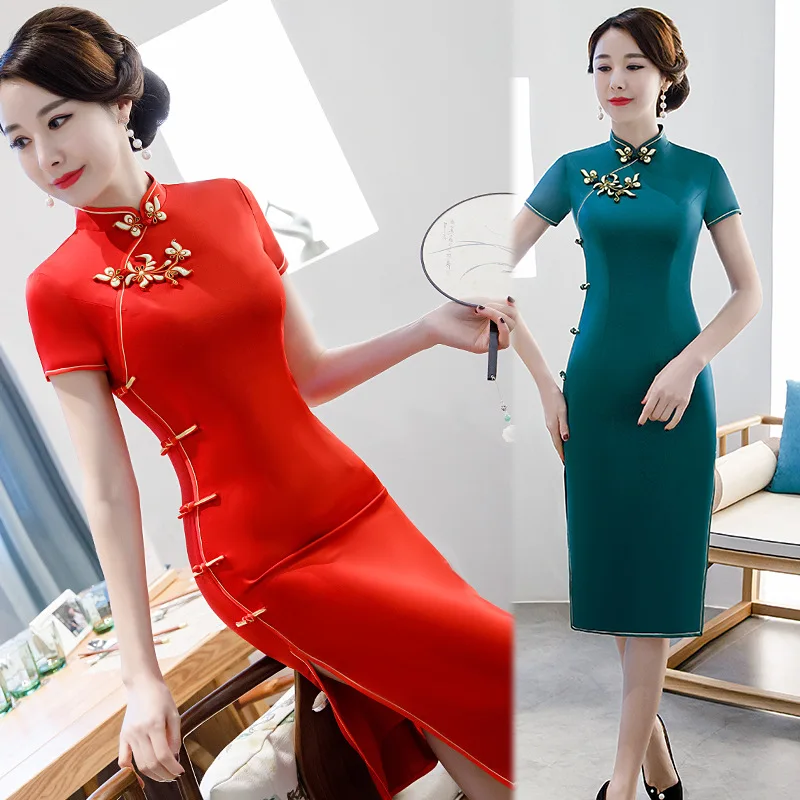 Сексуальная длина до колена Cheongsam летнее винтажное платье в китайском стиле Модные женские вискозные Qipao тонкие вечерние платья с пуговицами Vestido