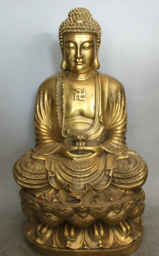 

JP S61 20" Tibet Buddhism Brass Seat hand hold lotus Shakyamuni Amitabha Buddha Statue Discount 35%