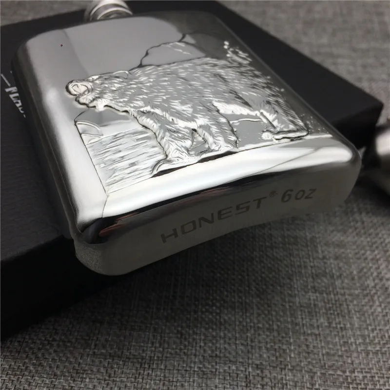 Плоская фляжка 6OZ FX B из нержавеющей стали 304 рельефный полярный медведь 6 унций