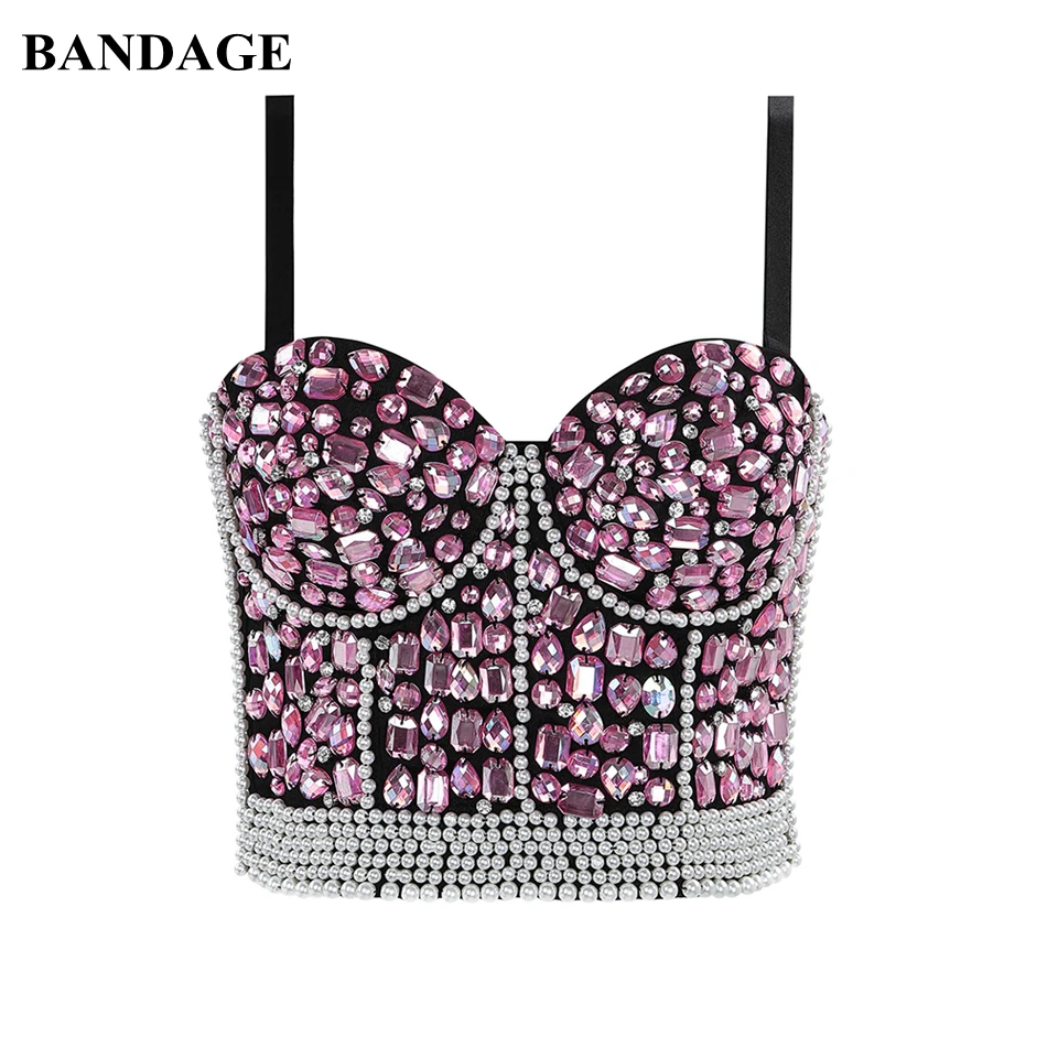 

BANDAGE New Women Crop Tops Luxury Diamonds Detailed Black Vest Celebrity Party Club Tops High Quality
