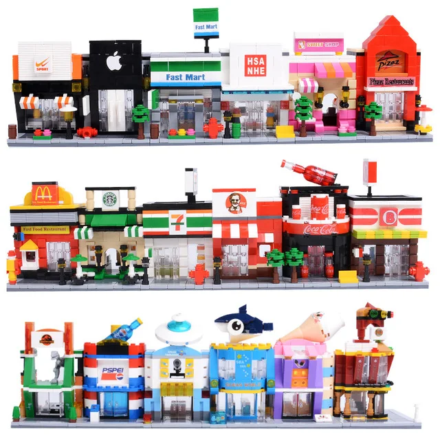 

City Mini Street Toy Store Retail Store 3D Model KFCE McDonald Cafe Apple Miniature Building Block for kid compatible with lego