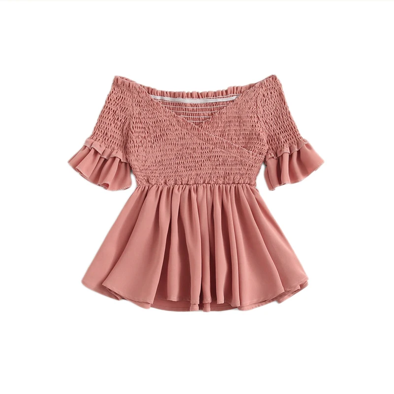 ROMWE розовая Женская летняя пляжная блуза с открытыми плечами и рюшами и расклешенным подолом, стильная милая блузка с баской