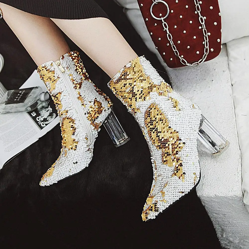 DoraTasia Fashion Sequined Cover Ankle Boots Female Autumn Winter Shoes Pointed Toe High Heels Boots Women Shoes