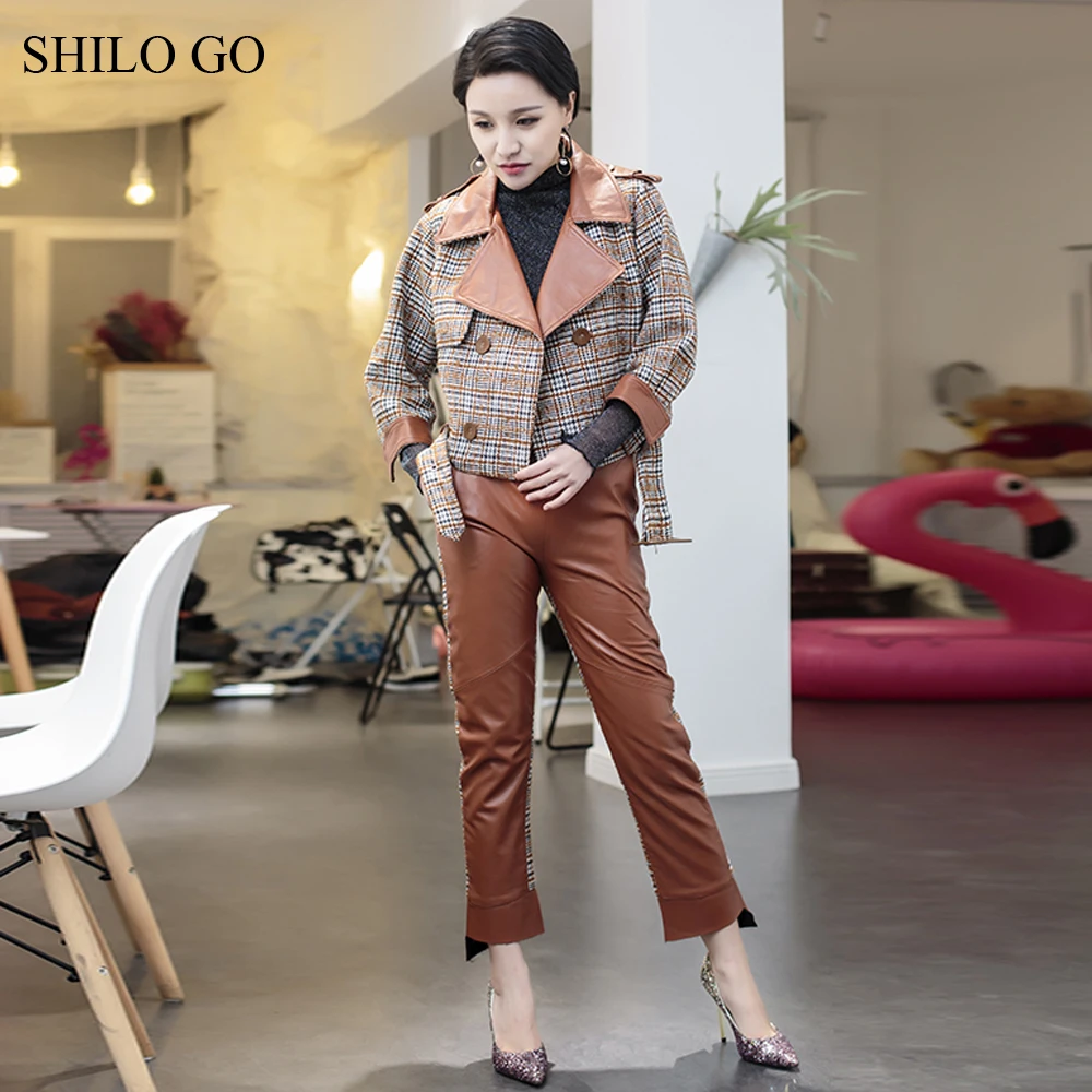 SHILO GAAN Lederen Pak Womens Herfst Mode schapenvacht lederen Sets laple Plaid double breasted jasje hoge taille broek SHILO GAAN Lederen Pak Womens Herfst Mode schapenvacht lederen Sets laple Plaid double breasted jasje hoge taille broek