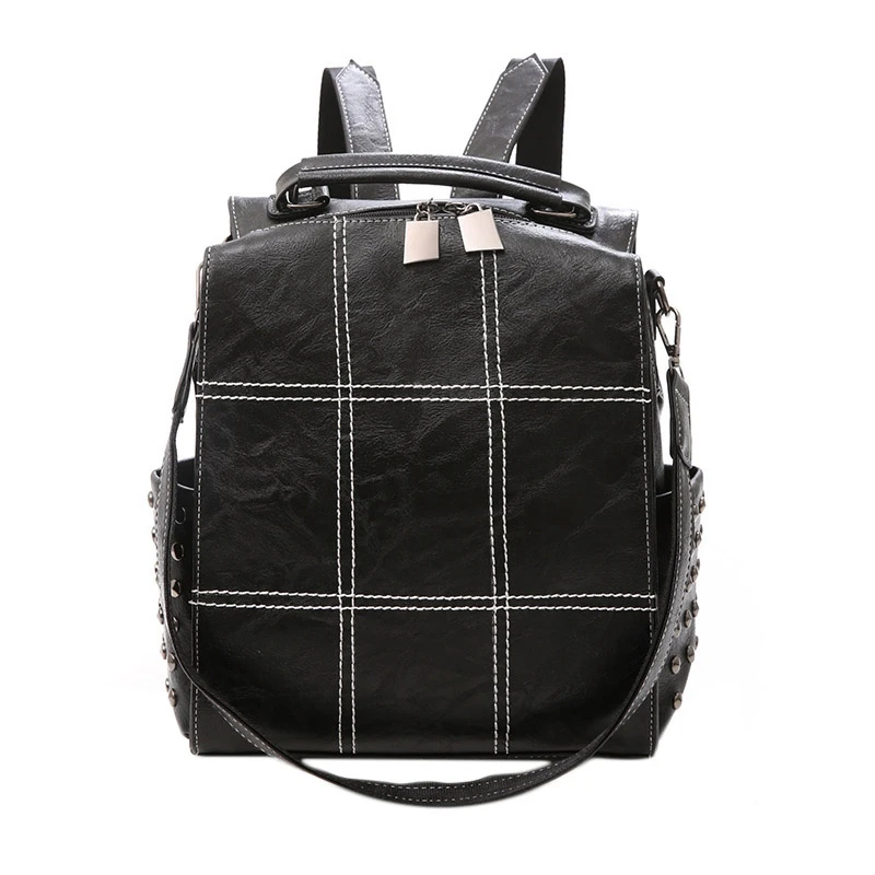 

Women's Large Leather Backpack Female Teenage Girl School Backpack Vintage Rivet Bag Mochila Solid Shoulder Bag:Black